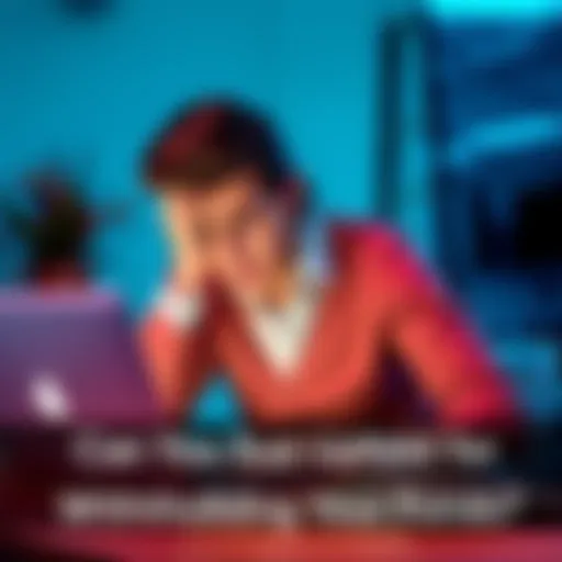 A person looking worried while checking their finances on a laptop, symbolizing frustration with a financial service