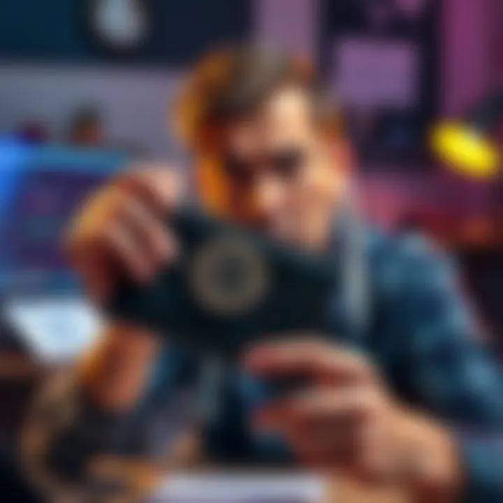 A person looking stressed while holding a locked hardware wallet, with a computer and a note showing a recovery seed phrase in the background