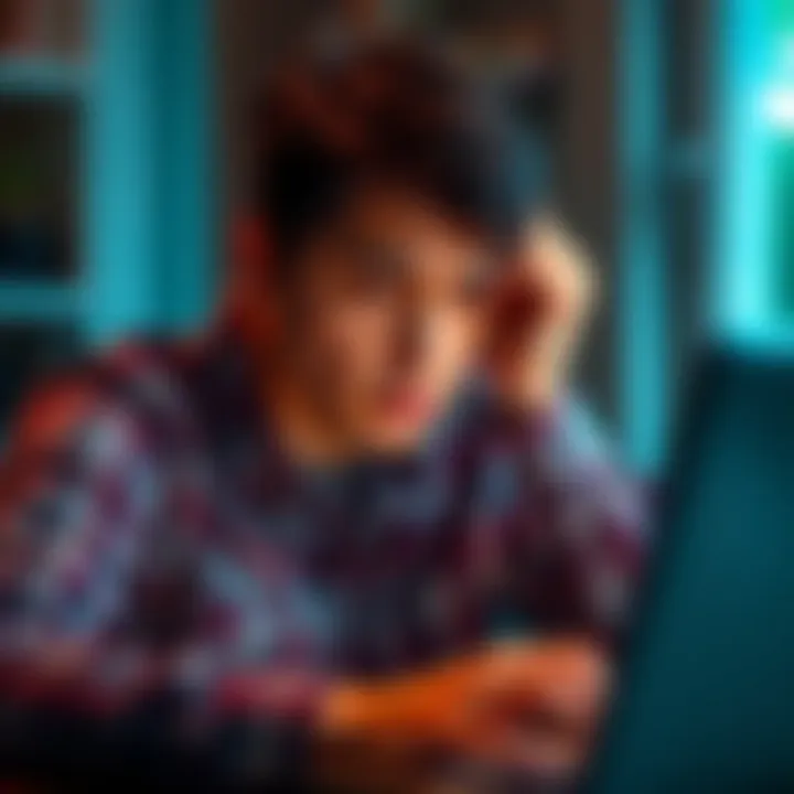Person looking disappointed while trying to resolve issues with a closed banking account on their laptop