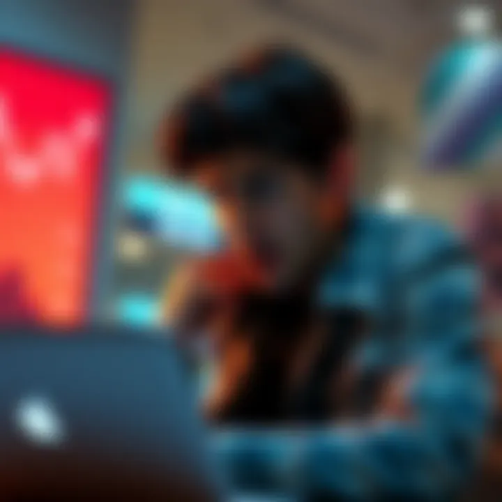 Frustrated person with a laptop A person looking frustrated while staring at their laptop, representing issues with banking account restrictions.