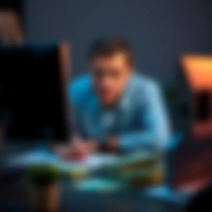 Frustrated person at a computer A person looking frustrated at their computer after realizing they mistyped a payment digit, with a credit card and bills on the desk.