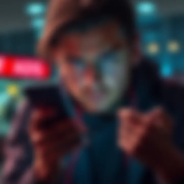 A frustrated person looking at their phone, showing an error message about ads and rewards