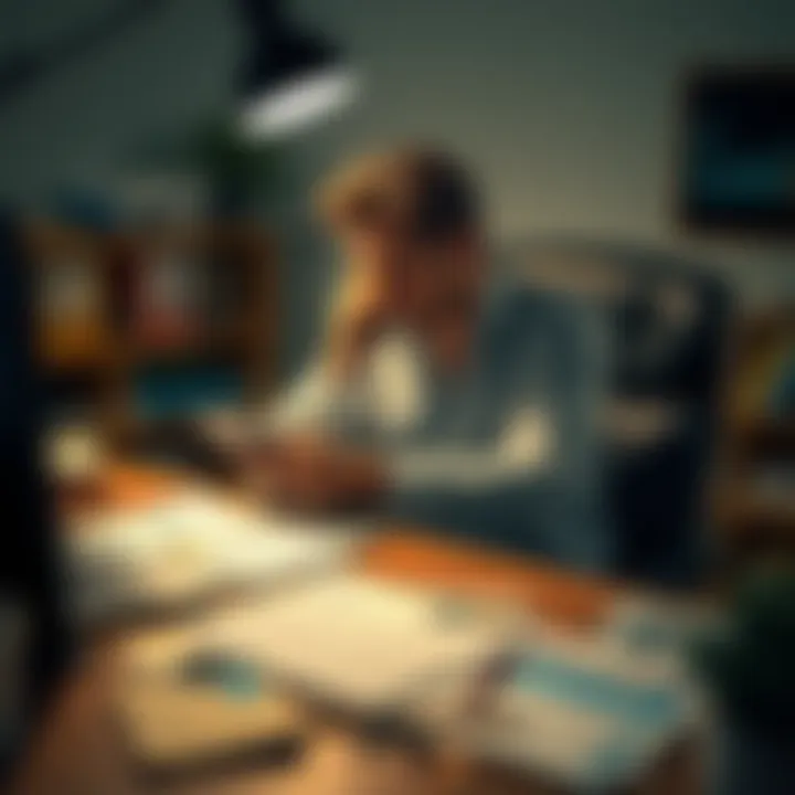 A frustrated person sitting at a desk, holding a phone to their ear, with documents scattered around about a house deposit issue