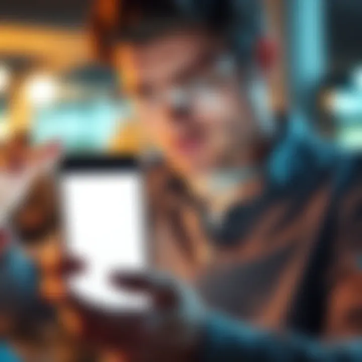 A person showing frustration while using a smartphone, with a blank screen where ads should be loading.