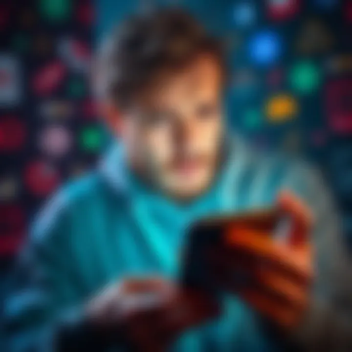 A person showing frustration while staring at their smartphone, surrounded by ads on the screen