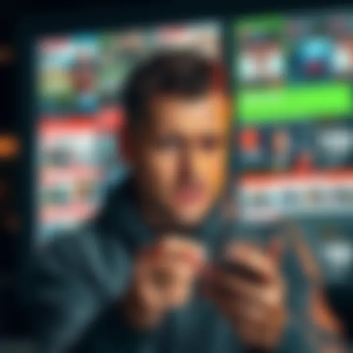 A person looking annoyed while scrolling through their phone, showing numerous sports betting ads on the screen.