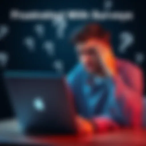 A person looking frustrated while completing an online survey with a laptop, surrounded by question marks.