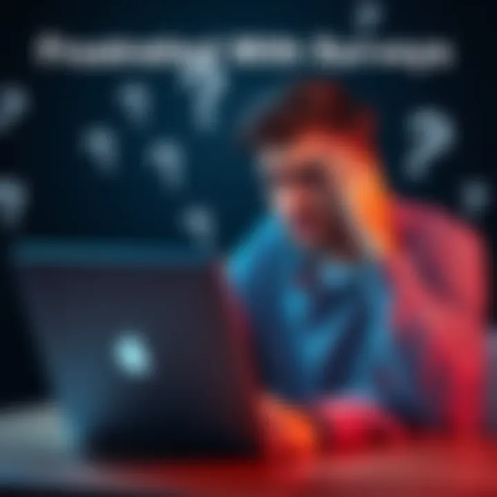 A person looking frustrated while completing an online survey with a laptop, surrounded by question marks.