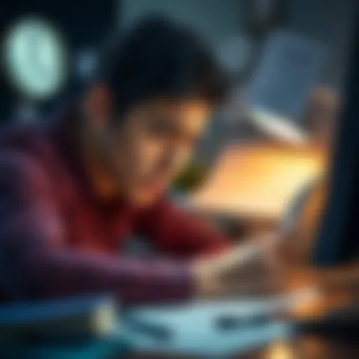 Frustrated person taking a survey A person looks upset and frustrated while answering a survey on a computer, surrounded by paperwork and a clock showing time passing