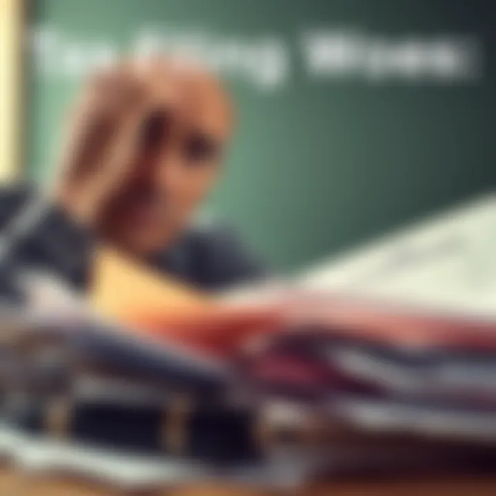 Frustrated person looking at tax documents A stressed individual staring at a pile of tax papers, showing 1099-B forms missing, with a look of concern about audits.