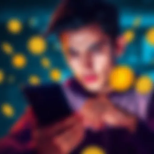 Frustrated Phantom Wallet User A person looking at their phone with a worried expression while reviewing high fees from Phantom wallet transactions, surrounded by digital currency symbols.