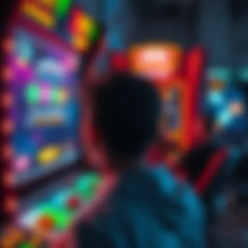 Frustrated player at arcade machine A person expressing frustration at an arcade game, showing a screen with no rewards after multiple attempts