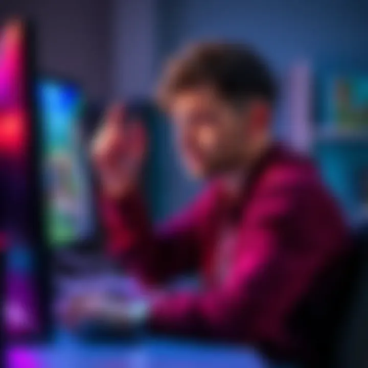 A player sitting in front of a computer, frustrated while looking at a game screen with developer notes in the background