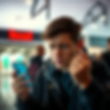 A person looking frustrated while trying to access their bank account on a phone, with a locked screen visible.