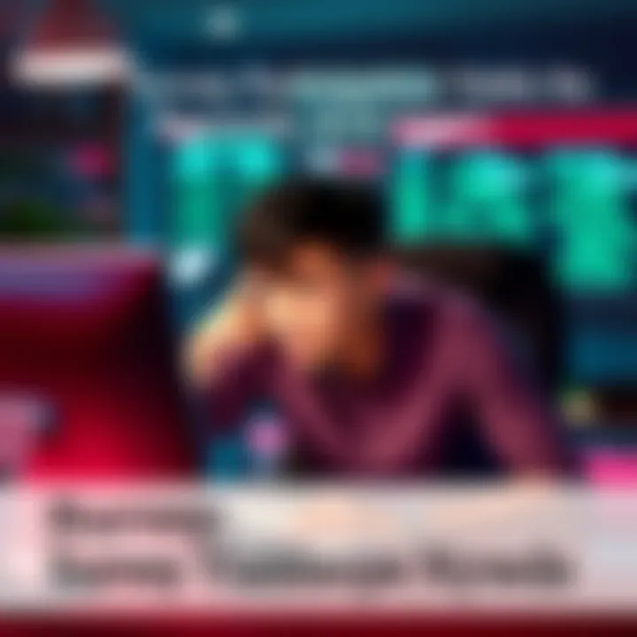 Person looking frustrated after completing a survey A person sitting at a desk with a computer, showing frustration after completing a survey without receiving rewards.