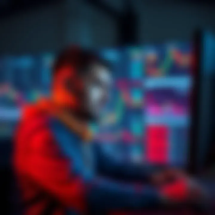 A cryptocurrency trader showing frustration while analyzing trading patterns on a computer screen.