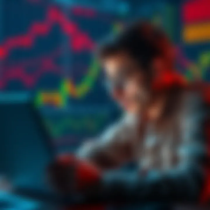 A new crypto trader looks troubled while analyzing charts on his laptop, seeking help from experienced peers, surrounded by financial graphs and figures.