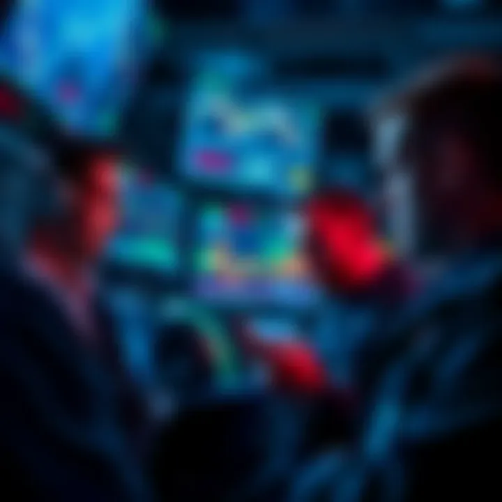 Frustrated traders looking at charts Group of algorithmic traders showing frustration while analyzing trading charts on screens, highlighting the impact of high fees