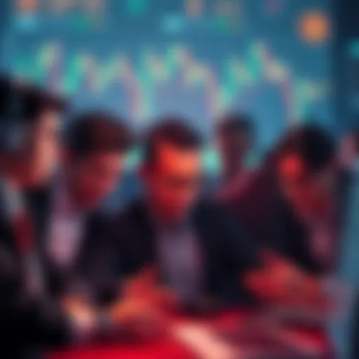 A group of traders expressing frustration over lowered drawdown limits on a trading platform, with charts showing declining trends in the background.
