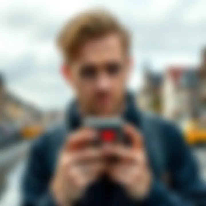 A UK traveler looking disappointed while holding a phone showing low boost levels in Belgium amid a city backdrop