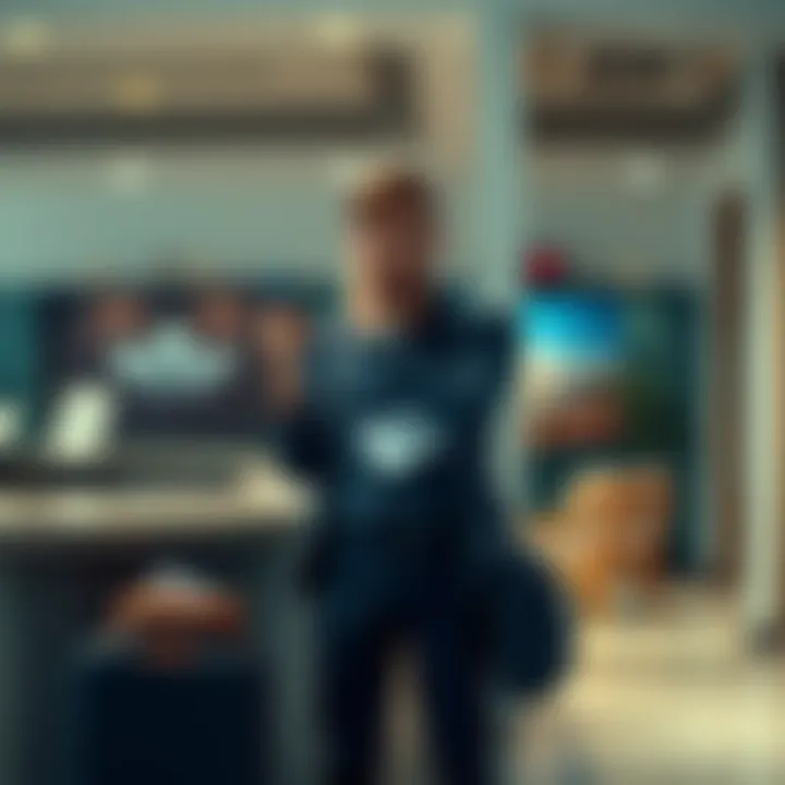 A frustrated traveler stands at a hotel reception desk looking distressed due to a booking issue. They hold a phone in one hand and papers in the other, showing signs of frustration. The background fe...