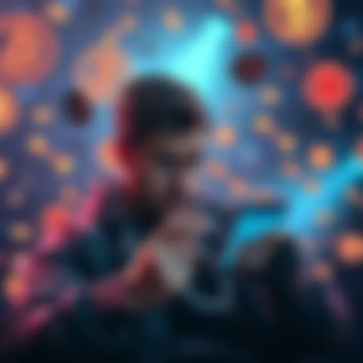 A frustrated person looking at a phone showing Revolut app while surrounded by cryptocurrency symbols