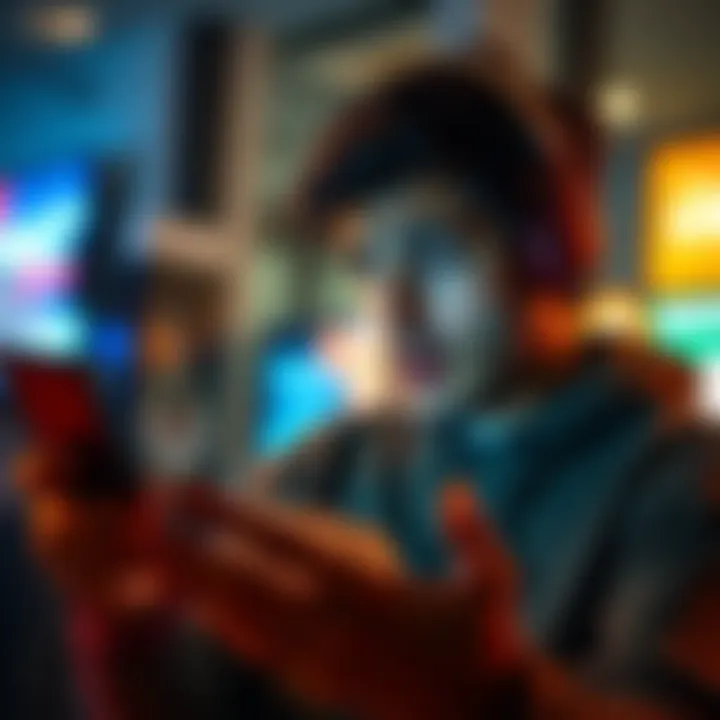 A person looking upset while checking their phone, showing frustration over a blocked funds issue with a banking app