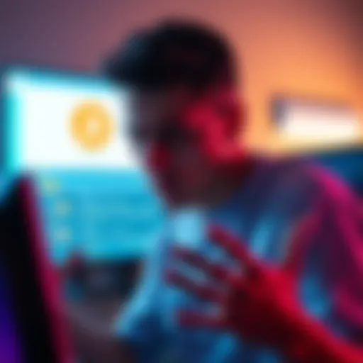 Frustrated user with frozen withdrawals Person showing frustration while looking at a computer screen displaying Kucoin interface, symbolizing issues with withdrawals