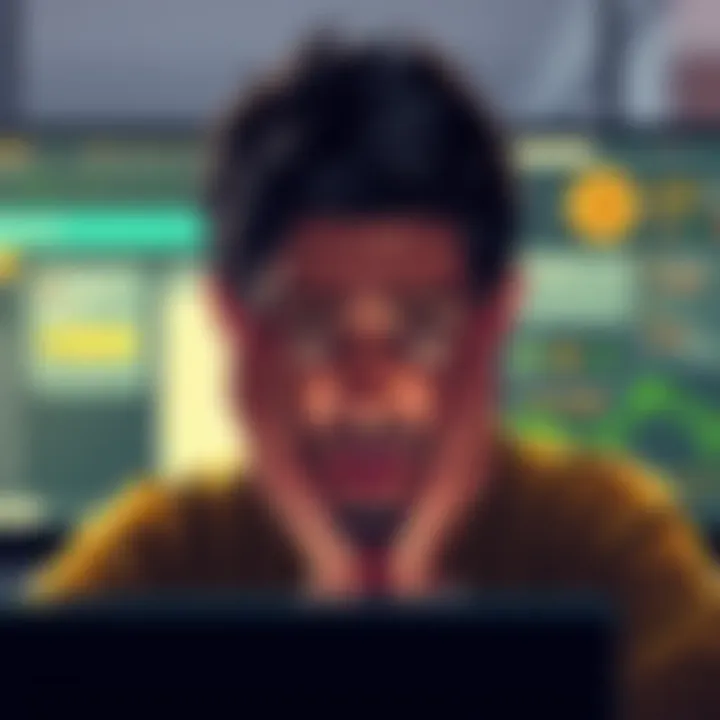 A person looking frustrated while trying to navigate the Nicehash platform on their computer, with KYC forms and cryptocurrency wallets visible on the screen.