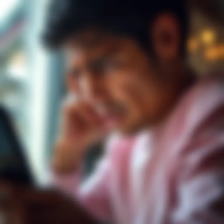 A person shows frustration while looking at a smartphone, depicting issues with survey disqualifications and app problems