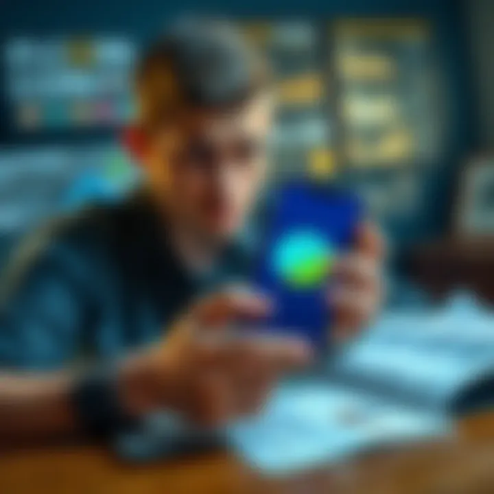 A person looks worried while holding a smartphone displaying the Pi Coin logo, surrounded by papers with personal information on a table.