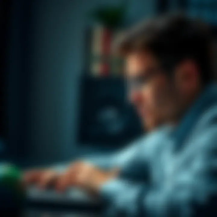 A person looking frustrated while using a laptop, with survey questions on the screen