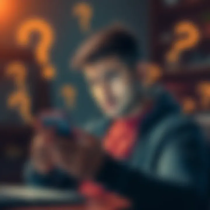 A person looking frustrated while using a smartphone, surrounded by question marks, representing the struggle to get support from Sweatcoin regarding a gift card issue.