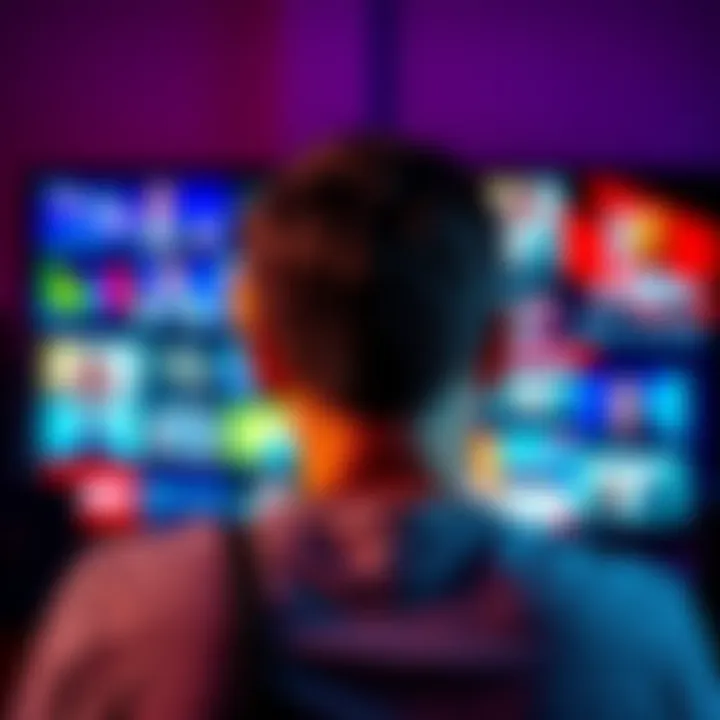 A person looking annoyed at their TV during a commercial break, several ads on the screen