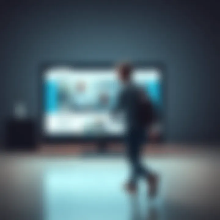 Frustrated Visitor Leaving A person with a disappointed expression walking away from a computer screen displaying a website, symbolizing their decision to leave.