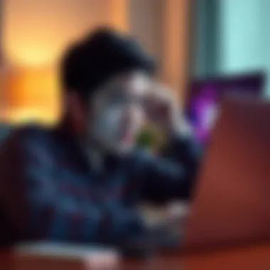 A person looking worried while using a laptop, showing frustration over financial issues, with a visible Wirex logo on the screen.