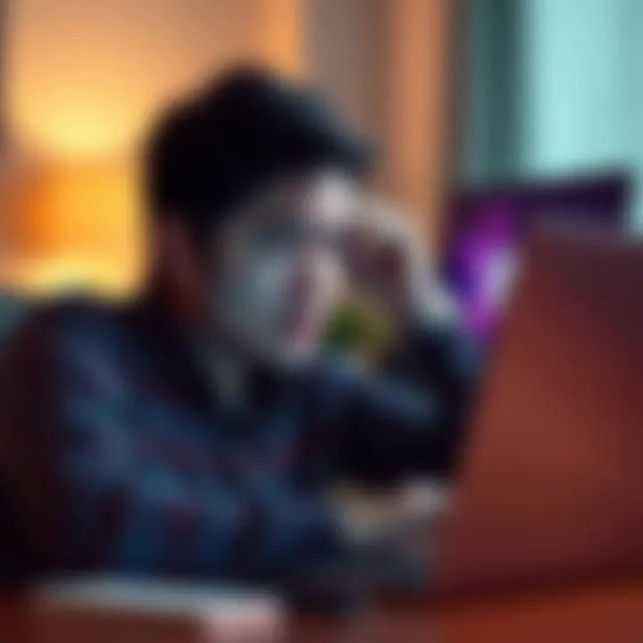 A person looking worried while using a laptop, showing frustration over financial issues, with a visible Wirex logo on the screen.