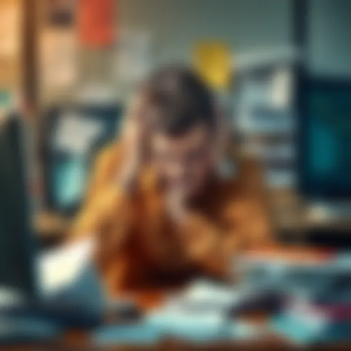 Frustrated Worker at Desk A tired office worker with their head in their hands, surrounded by paperwork and a computer, reflecting on workplace stress.