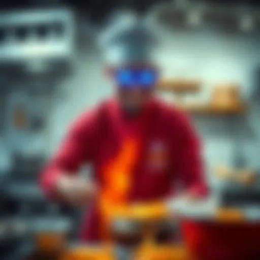 Fry Cook in Action A former tech influencer with laser eyes persona cooks fries in a kitchen, wearing an apron and smiling as they work.