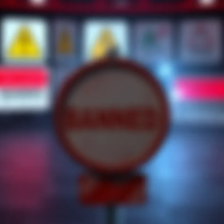 A sign indicating the FTXOfficial forum is banned, with warning symbols and a backdrop of scam alerts