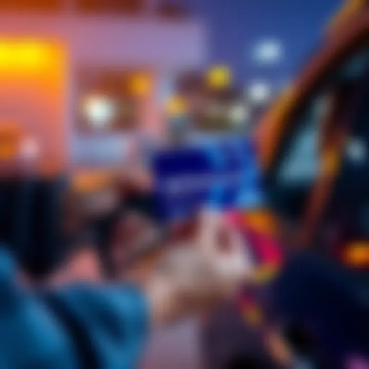 A driver fills their car with gas while holding a BitMartCard, showing the cashback rewards feature