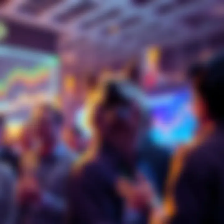 A group of people excitedly discussing full ported Doge coins at a digital asset event, surrounded by charts and graphs showing market trends.