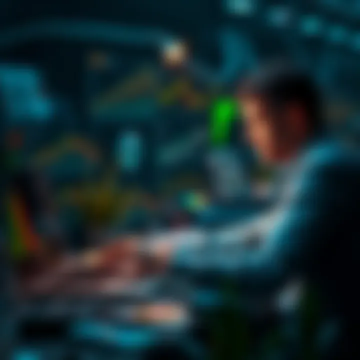 A person analyzing financial data on a laptop while managing DeFi farming strategies with graphs and charts around them