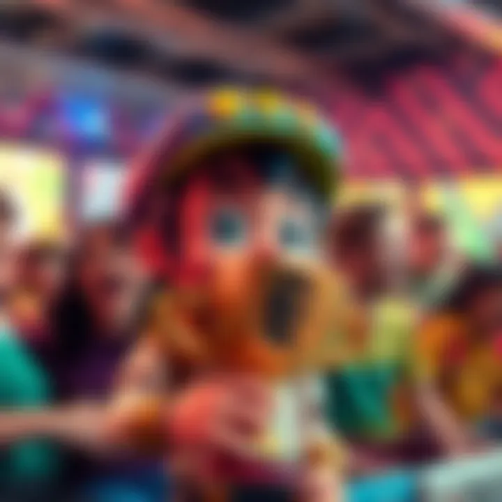 Colorful game character holding a trophy with happy players in the background, enjoying the game.