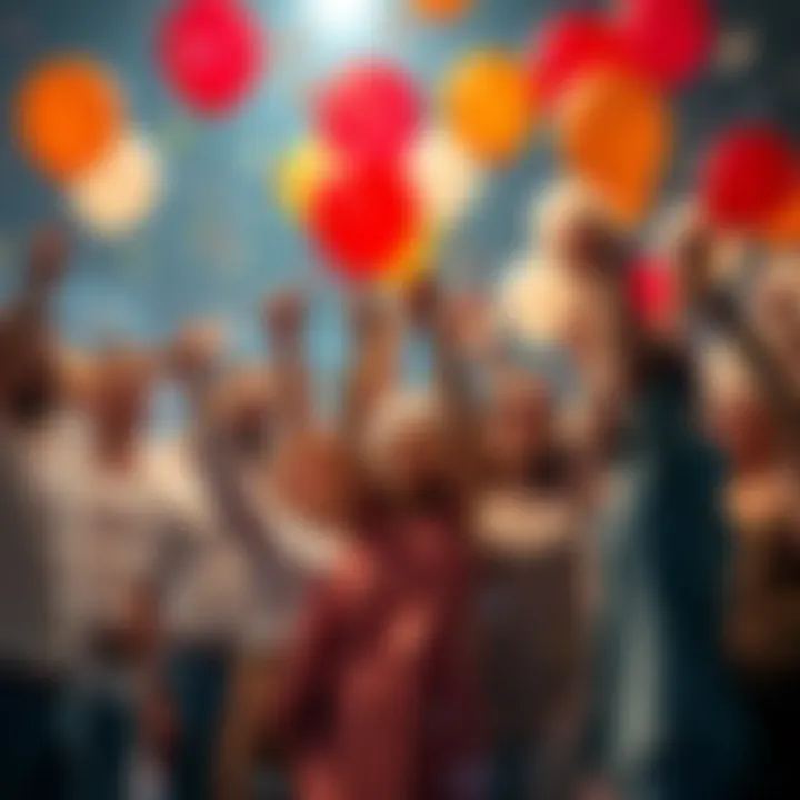 A group of people celebrating a funding milestone with balloons and confetti, showcasing excitement and joy.