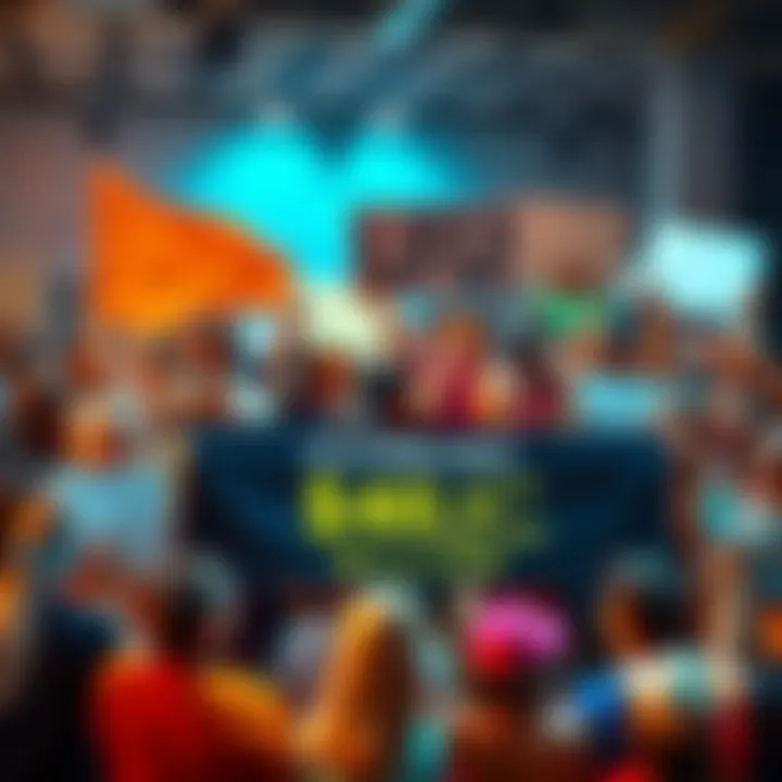 A group of diverse people holding signs and cheering for a fundraising initiative, with a banner showing the fundraising goal of $40 million