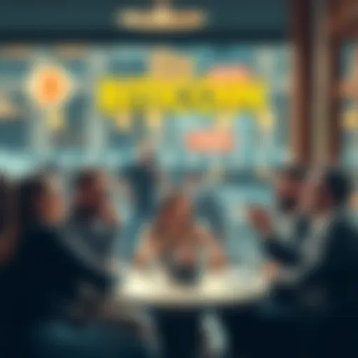 A group of people laughing and discussing Bitcoin at a café with humorous signs about cryptocurrency value