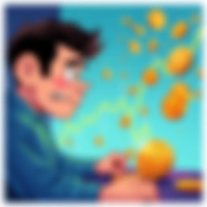A cartoon of a frustrated investor looking at a fluctuating cryptocurrency chart, with coins floating around and a humorous expression on their face.