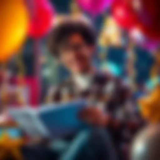 Funny New Year Aspirations A person laughing while writing down their funny hopes for the new year on a notepad, surrounded by colorful decorations and balloons.