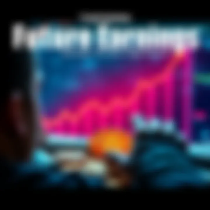 A person looking at a digital graph signifying future earnings with coins and notes around them, illustrating financial stability and innovation.